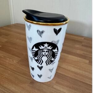 Rare 2014 Starbucks Black Doodle Hearts Ceramic Travel Cup 12 oz